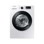 Samsung front load automatic washing machine in white color with a black door, control panel, and logo visible.