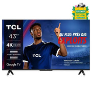 TCL 43 inch 4K Smart LED TV displaying a promotional image with a person pointing at the screen, indicating features such as 4K HDR and Google TV.
