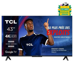 TCL 43 inch 4K Smart LED TV displaying a promotional image with a person pointing at the screen, indicating features such as 4K HDR and Google TV.