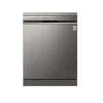 Front view of an LG inverter steam dishwasher in platinum silver color with a digital display on the top panel.