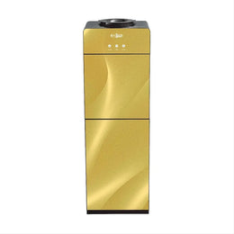 A tall, gold-colored water dispenser with a double glass door and three tap handles.