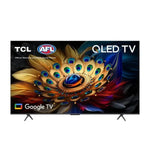 TCL QLED TV featuring a colorful peacock feather wallpaper, displaying the Google TV interface.
