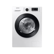 Samsung front load automatic washing machine in white color with a black door, control panel, and logo visible.