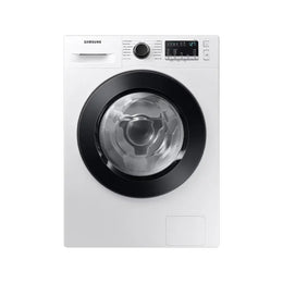 Samsung front load automatic washing machine in white color with a black door, control panel, and logo visible.